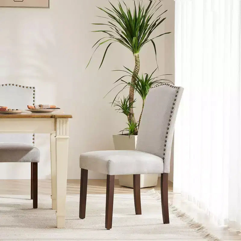 Modern Armless Dining Chairs With Upholstered Fabric,Nailhead Trim And Wood Legs