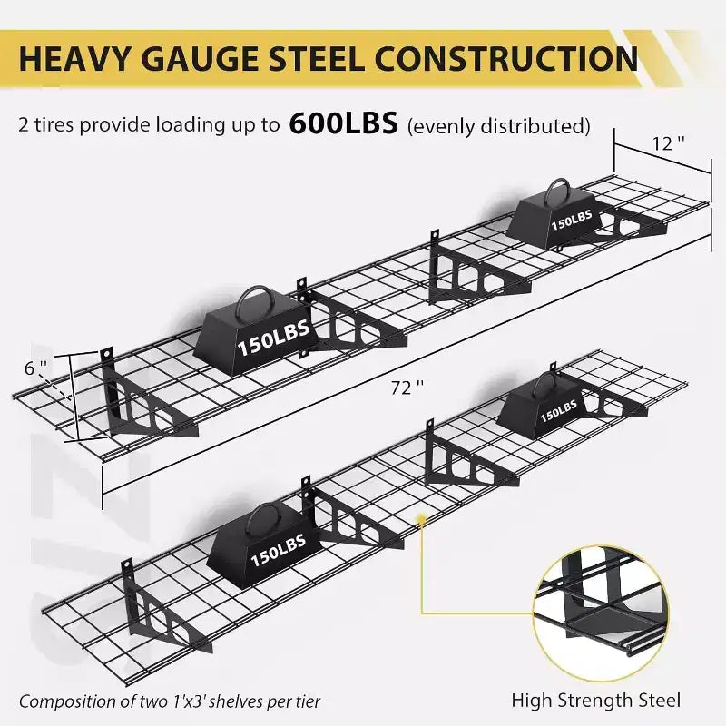 2 Piece Garage Wall Mount Floating Storage Shelf, 20 x 48 Heavy Duty Garage Wall Shelf with Hooks, Floating Shelves, 560lb Load Capacity