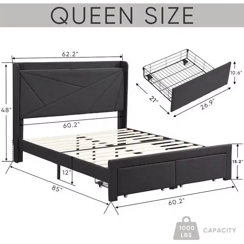 Queen Size Bed Frame with 2 Storage Drawers, Lined Fabric Upholstered Headboard with Charging Station, Storage Shelf, No Box Spring Needed, Beige