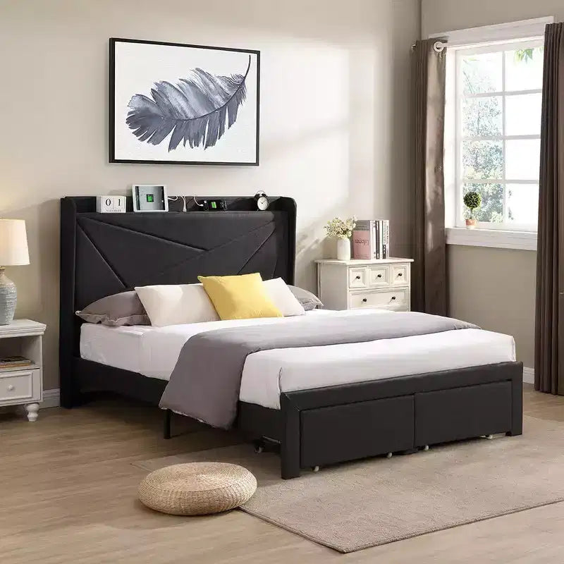 Queen Size Bed Frame with 2 Storage Drawers, Lined Fabric Upholstered Headboard with Charging Station, Storage Shelf, No Box Spring Needed, Beige