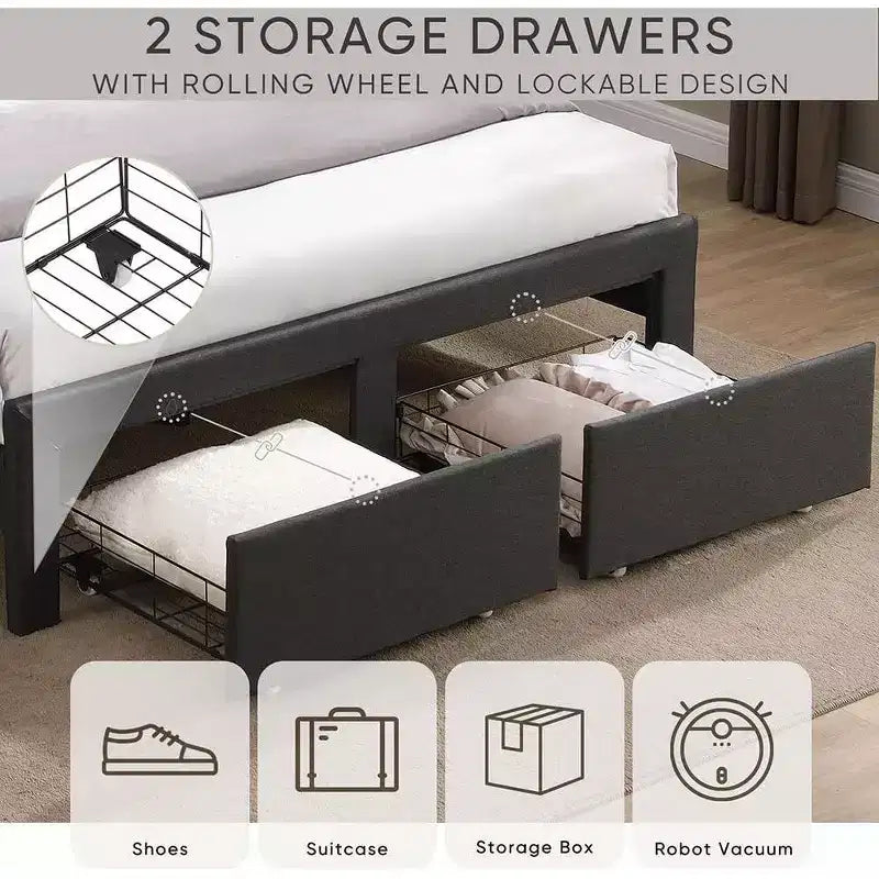 Queen Size Bed Frame with 2 Storage Drawers, Lined Fabric Upholstered Headboard with Charging Station, Storage Shelf, No Box Spring Needed, Beige