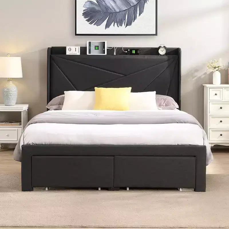 Queen Size Bed Frame with 2 Storage Drawers, Lined Fabric Upholstered Headboard with Charging Station, Storage Shelf, No Box Spring Needed, Beige