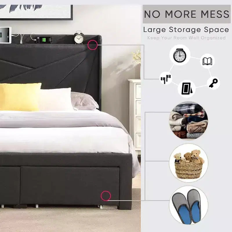 Queen Size Bed Frame with 2 Storage Drawers, Lined Fabric Upholstered Headboard with Charging Station, Storage Shelf, No Box Spring Needed, Beige