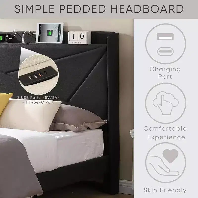 Queen Size Bed Frame with 2 Storage Drawers, Lined Fabric Upholstered Headboard with Charging Station, Storage Shelf, No Box Spring Needed, Beige