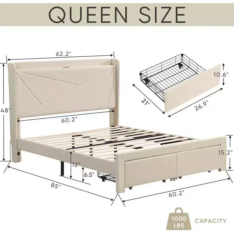 Queen Size Bed Frame with 2 Storage Drawers, Lined Fabric Upholstered Headboard with Charging Station, Storage Shelf, No Box Spring Needed, Beige
