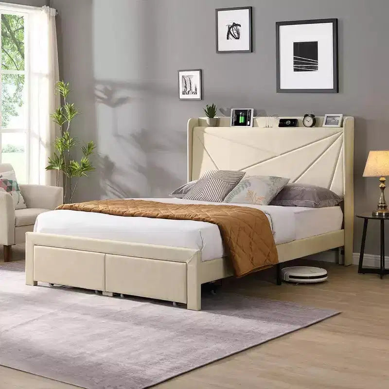 Queen Size Bed Frame with 2 Storage Drawers, Lined Fabric Upholstered Headboard with Charging Station, Storage Shelf, No Box Spring Needed, Beige