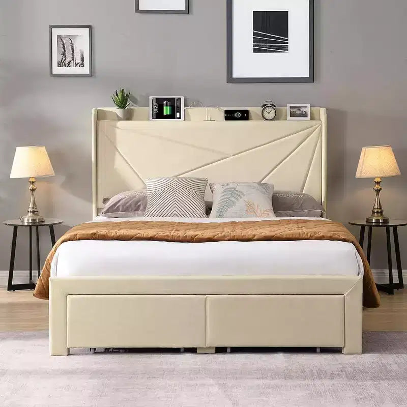 Queen Size Bed Frame with 2 Storage Drawers, Lined Fabric Upholstered Headboard with Charging Station, Storage Shelf, No Box Spring Needed, Beige