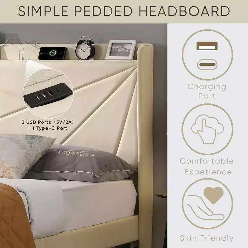 Queen Size Bed Frame with 2 Storage Drawers, Lined Fabric Upholstered Headboard with Charging Station, Storage Shelf, No Box Spring Needed, Beige