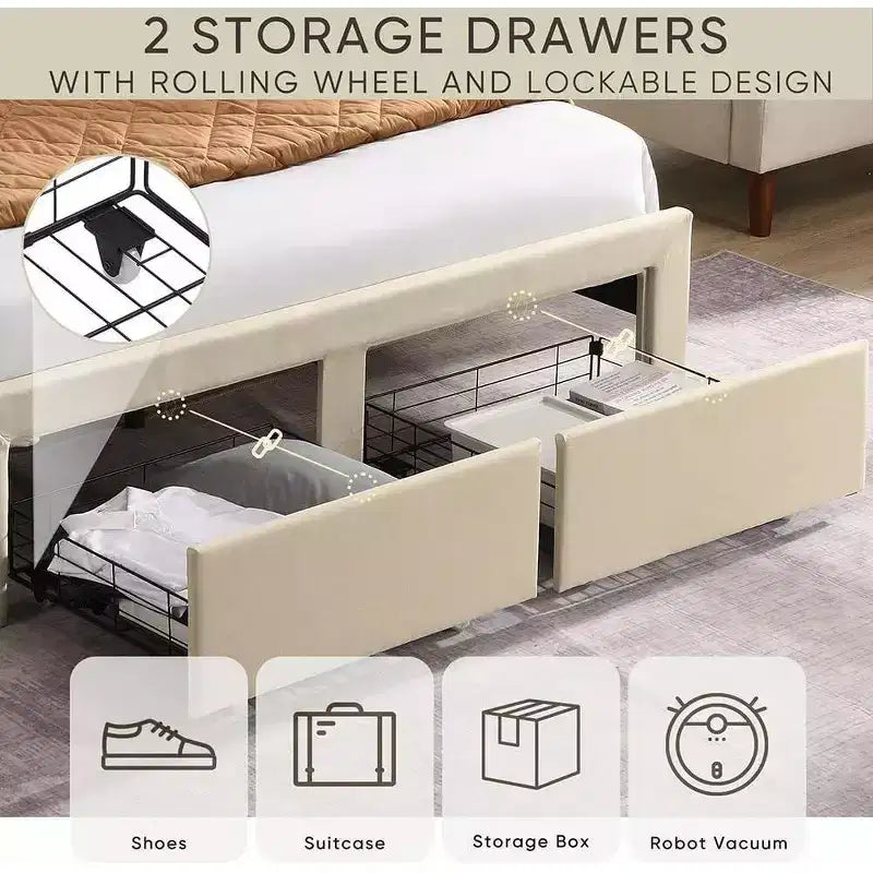 Queen Size Bed Frame with 2 Storage Drawers, Lined Fabric Upholstered Headboard with Charging Station, Storage Shelf, No Box Spring Needed, Beige