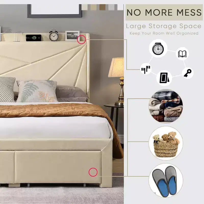 Queen Size Bed Frame with 2 Storage Drawers, Lined Fabric Upholstered Headboard with Charging Station, Storage Shelf, No Box Spring Needed, Beige