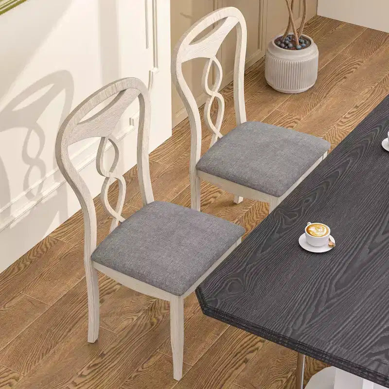 VECELO Rustic Wooden Dining Chairs, Rubber Wood Kitchen Chairs with Padded Seat & Elegant Hollowed Backrest, Gray