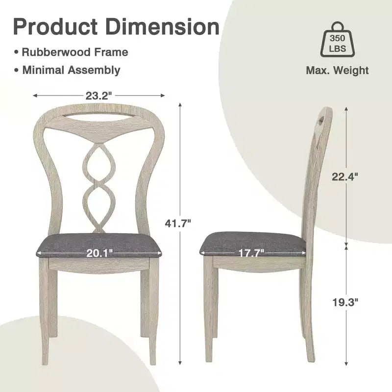 VECELO Rustic Wooden Dining Chairs, Rubber Wood Kitchen Chairs with Padded Seat & Elegant Hollowed Backrest, Gray