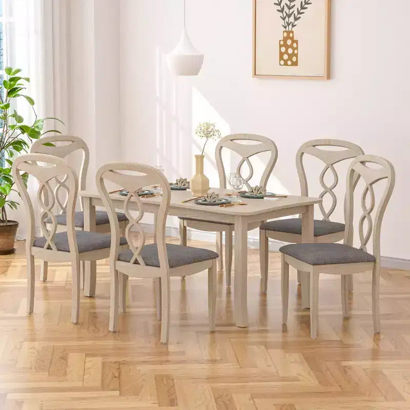 VECELO Rustic Wooden Dining Chairs, Rubber Wood Kitchen Chairs with Padded Seat & Elegant Hollowed Backrest, Gray