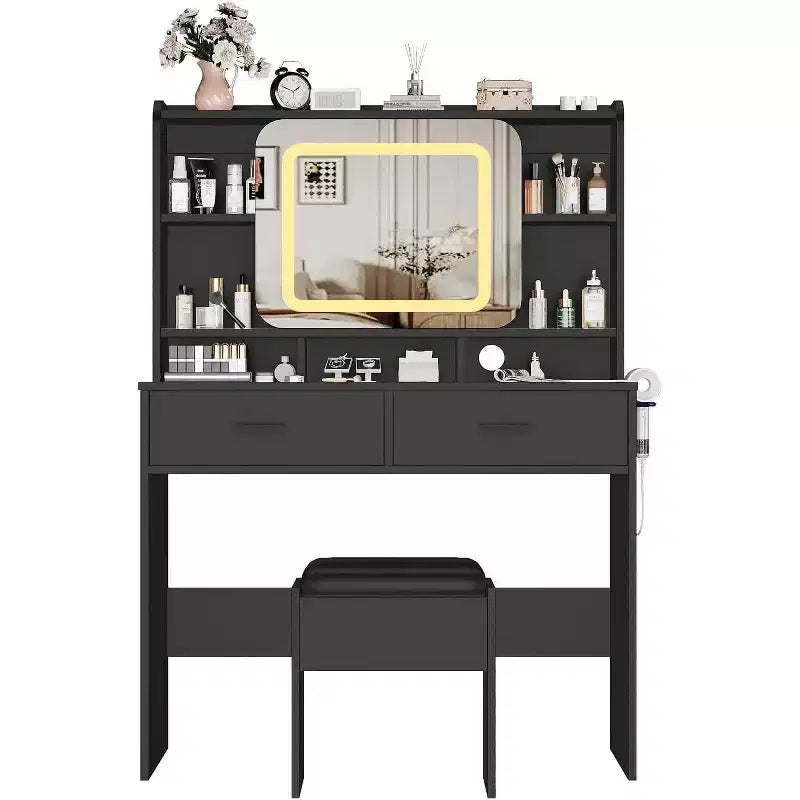 Acekool Dressers Vanity Desk with Sliding Mirror, Touch Lighting, Charging Station, 2 Drawers & Shelves, Stool, Bedroom Makeup Table
