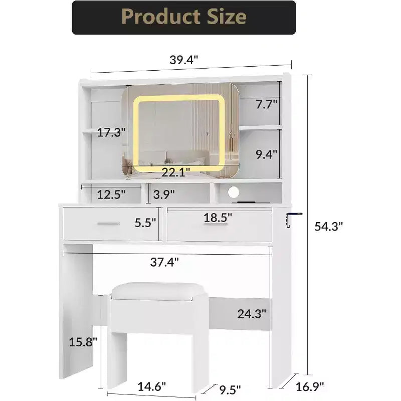 Acekool Dressers Vanity Desk with Sliding Mirror, Touch Lighting, Charging Station, 2 Drawers & Shelves, Stool, Bedroom Makeup Table