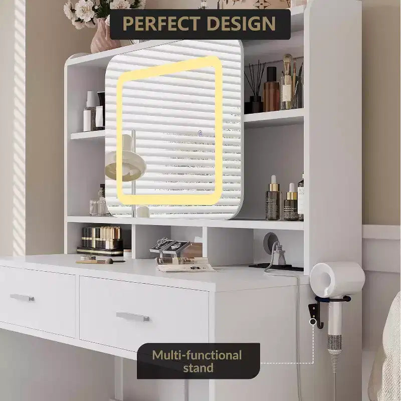 Acekool Dressers Vanity Desk with Sliding Mirror, Touch Lighting, Charging Station, 2 Drawers & Shelves, Stool, Bedroom Makeup Table