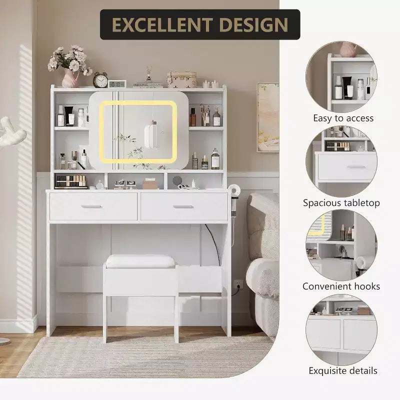 Acekool Dressers Vanity Desk with Sliding Mirror, Touch Lighting, Charging Station, 2 Drawers & Shelves, Stool, Bedroom Makeup Table