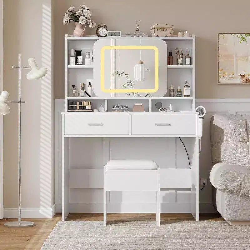 Acekool Dressers Vanity Desk with Sliding Mirror, Touch Lighting, Charging Station, 2 Drawers & Shelves, Stool, Bedroom Makeup Table