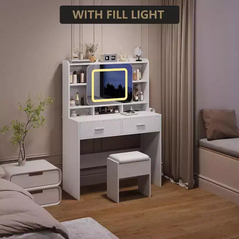 Acekool Dressers Vanity Desk with Sliding Mirror, Touch Lighting, Charging Station, 2 Drawers & Shelves, Stool, Bedroom Makeup Table