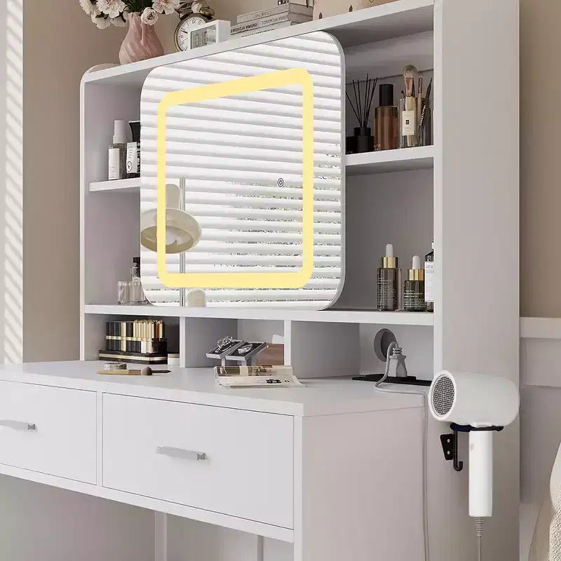 Acekool Dressers Vanity Desk with Sliding Mirror, Touch Lighting, Charging Station, 2 Drawers & Shelves, Stool, Bedroom Makeup Table