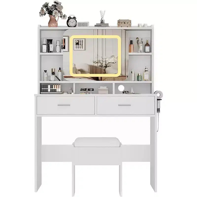 Acekool Dressers Vanity Desk with Sliding Mirror, Touch Lighting, Charging Station, 2 Drawers & Shelves, Stool, Bedroom Makeup Table