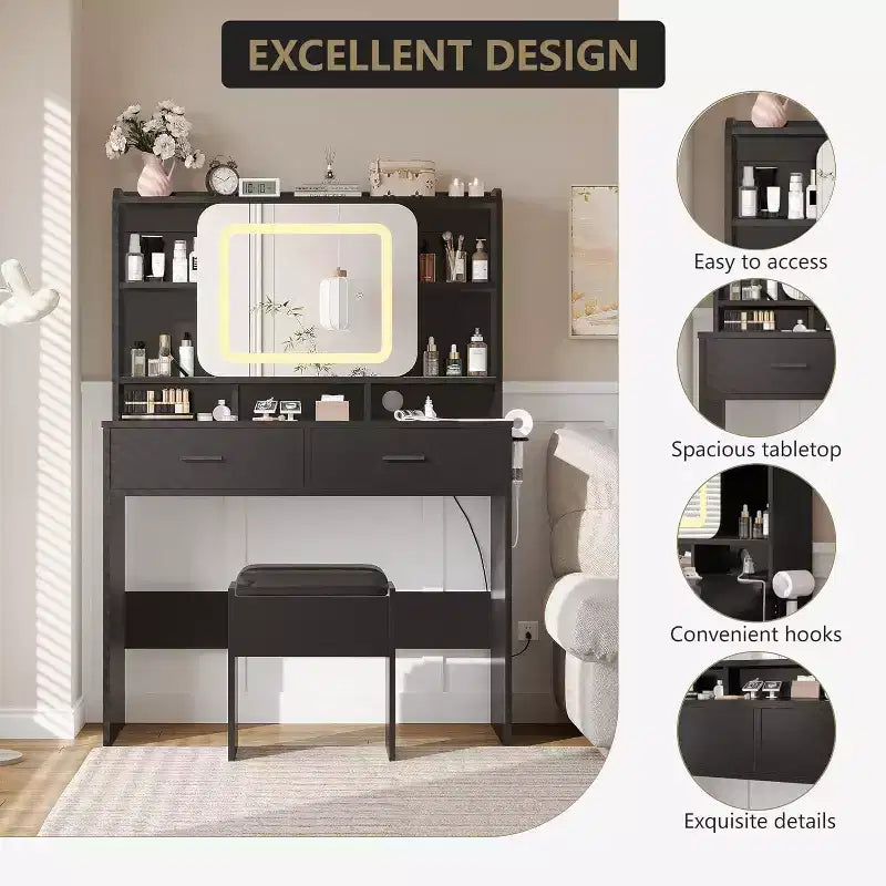 Acekool Dressers Vanity Desk with Sliding Mirror, Touch Lighting, Charging Station, 2 Drawers & Shelves, Stool, Bedroom Makeup Table