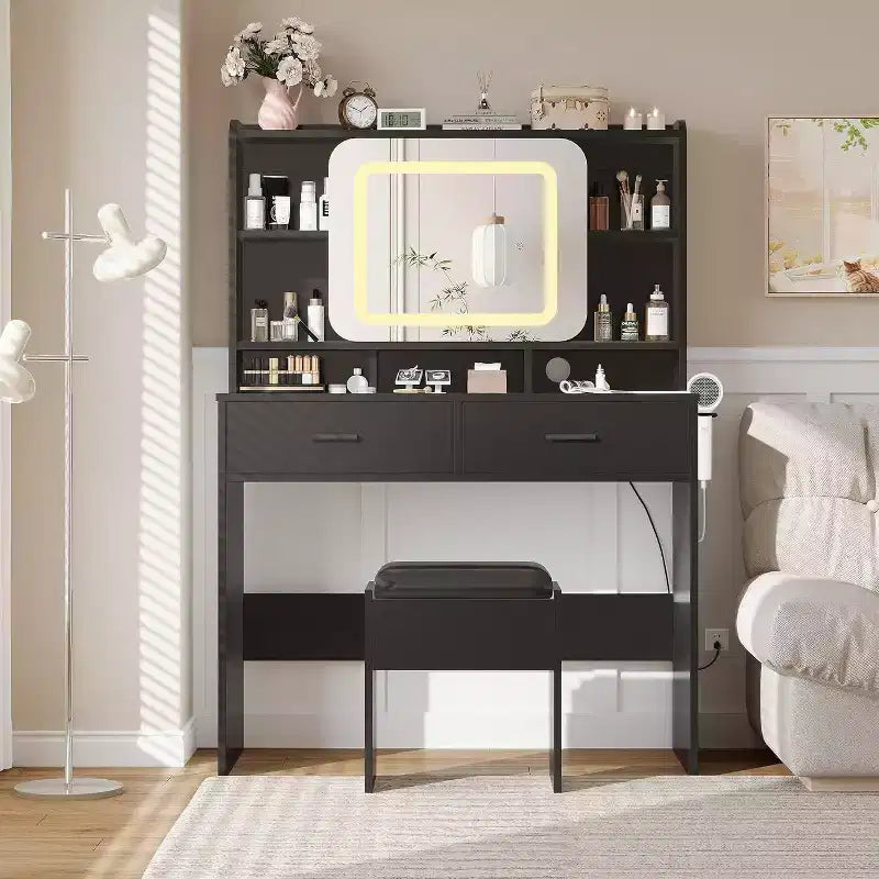 Acekool Dressers Vanity Desk with Sliding Mirror, Touch Lighting, Charging Station, 2 Drawers & Shelves, Stool, Bedroom Makeup Table