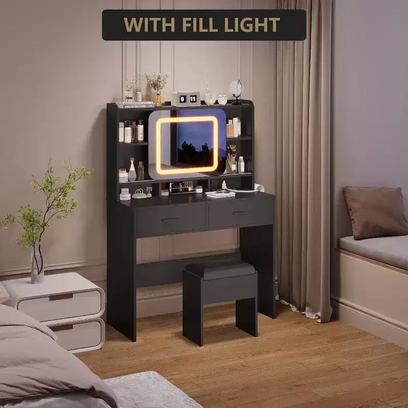 Acekool Dressers Vanity Desk with Sliding Mirror, Touch Lighting, Charging Station, 2 Drawers & Shelves, Stool, Bedroom Makeup Table