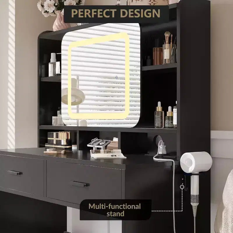 Acekool Dressers Vanity Desk with Sliding Mirror, Touch Lighting, Charging Station, 2 Drawers & Shelves, Stool, Bedroom Makeup Table