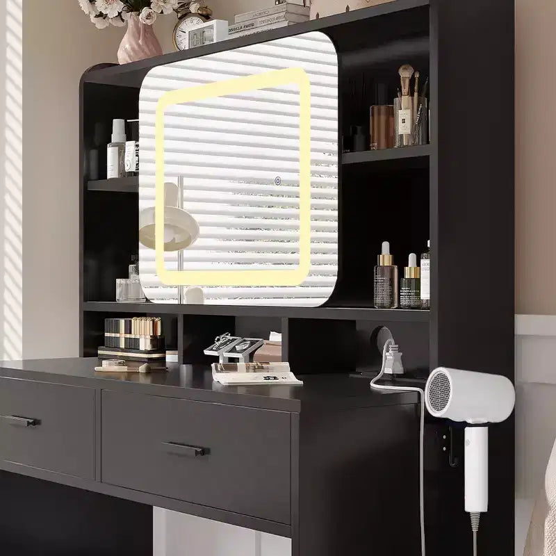 Acekool Dressers Vanity Desk with Sliding Mirror, Touch Lighting, Charging Station, 2 Drawers & Shelves, Stool, Bedroom Makeup Table