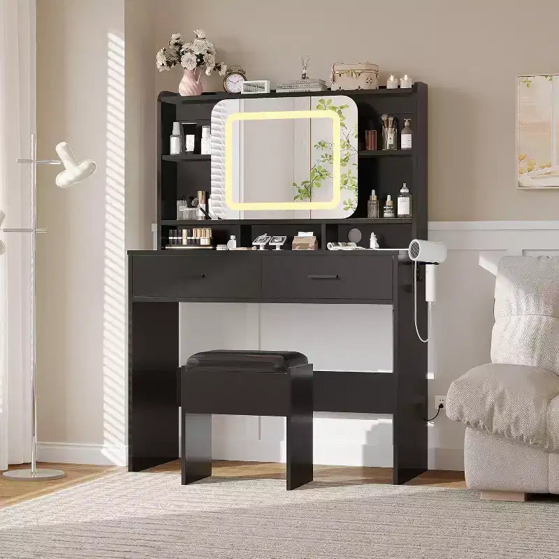 Acekool Dressers Vanity Desk with Sliding Mirror, Touch Lighting, Charging Station, 2 Drawers & Shelves, Stool, Bedroom Makeup Table