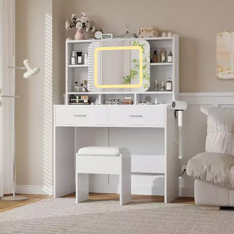 Acekool Dressers Vanity Desk with Sliding Mirror, Touch Lighting, Charging Station, 2 Drawers & Shelves, Stool, Bedroom Makeup Table
