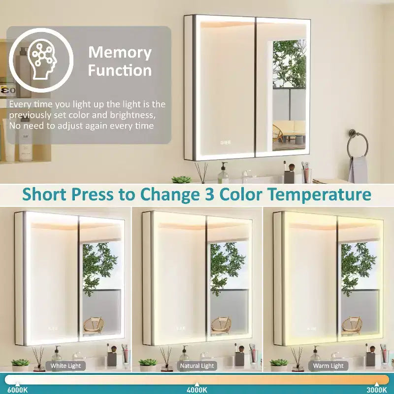 Grand Medicine Cabinet with Mirror and Light, Recessed/Mount Bathroom Medicine Cabinets, Defogger Mirror, Adjustable Shelves, Dimmable, Black