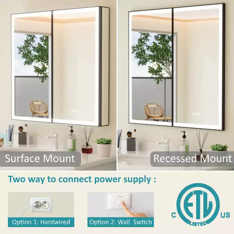 Grand Medicine Cabinet with Mirror and Light, Recessed/Mount Bathroom Medicine Cabinets, Defogger Mirror, Adjustable Shelves, Dimmable, Black