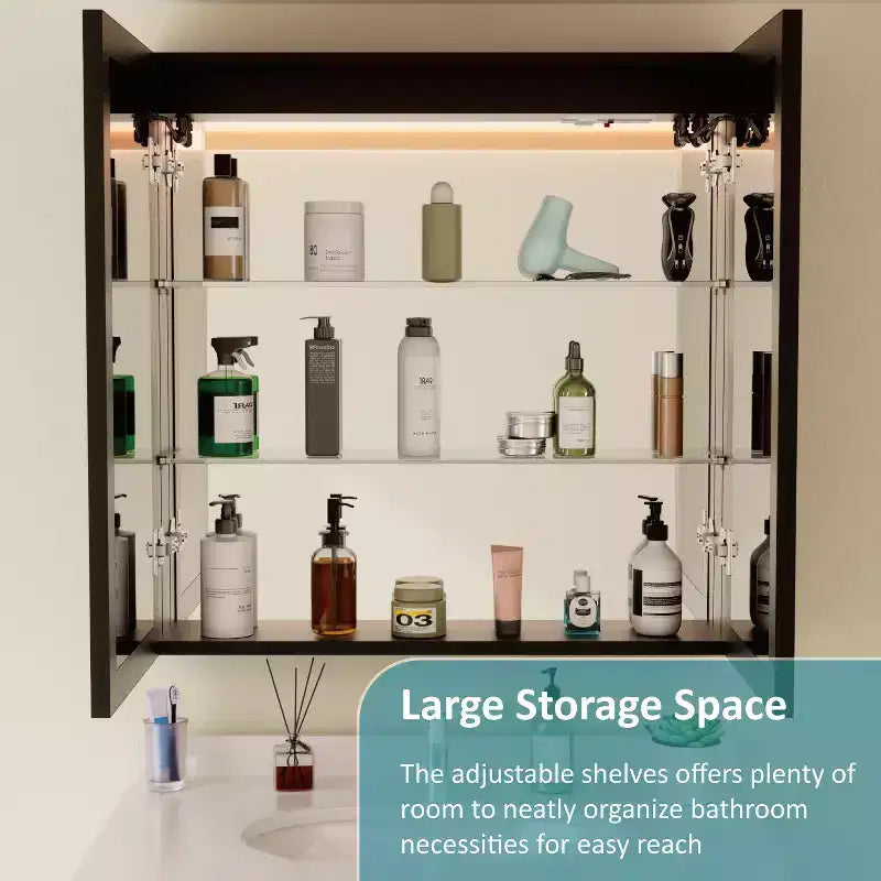 Grand Medicine Cabinet with Mirror and Light, Recessed/Mount Bathroom Medicine Cabinets, Defogger Mirror, Adjustable Shelves, Dimmable, Black