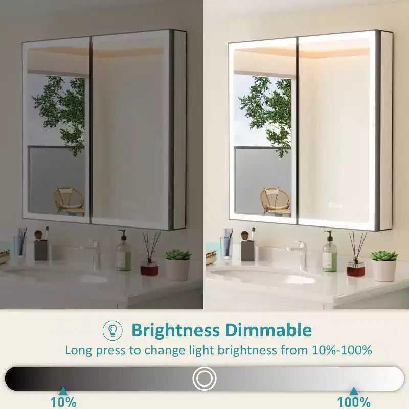 Grand Medicine Cabinet with Mirror and Light, Recessed/Mount Bathroom Medicine Cabinets, Defogger Mirror, Adjustable Shelves, Dimmable, Black