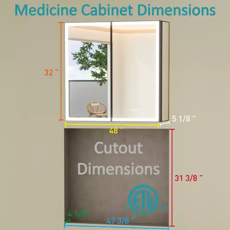 Grand Medicine Cabinet with Mirror and Light, Recessed/Mount Bathroom Medicine Cabinets, Defogger Mirror, Adjustable Shelves, Dimmable, Black