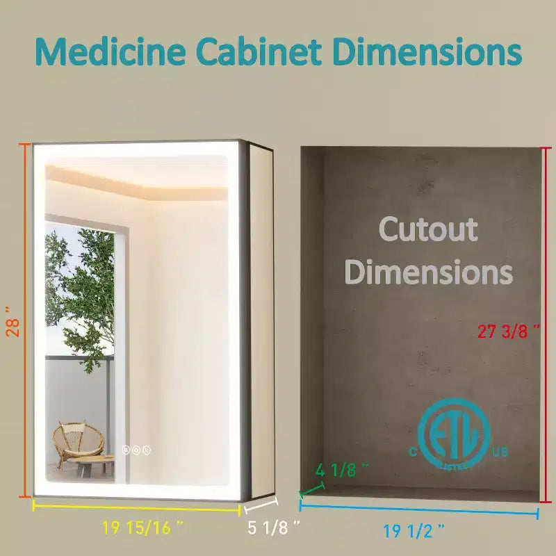 Grand Medicine Cabinet with Mirror and Light, Recessed/Mount Bathroom Medicine Cabinets, Defogger Mirror, Adjustable Shelves, Dimmable, Black