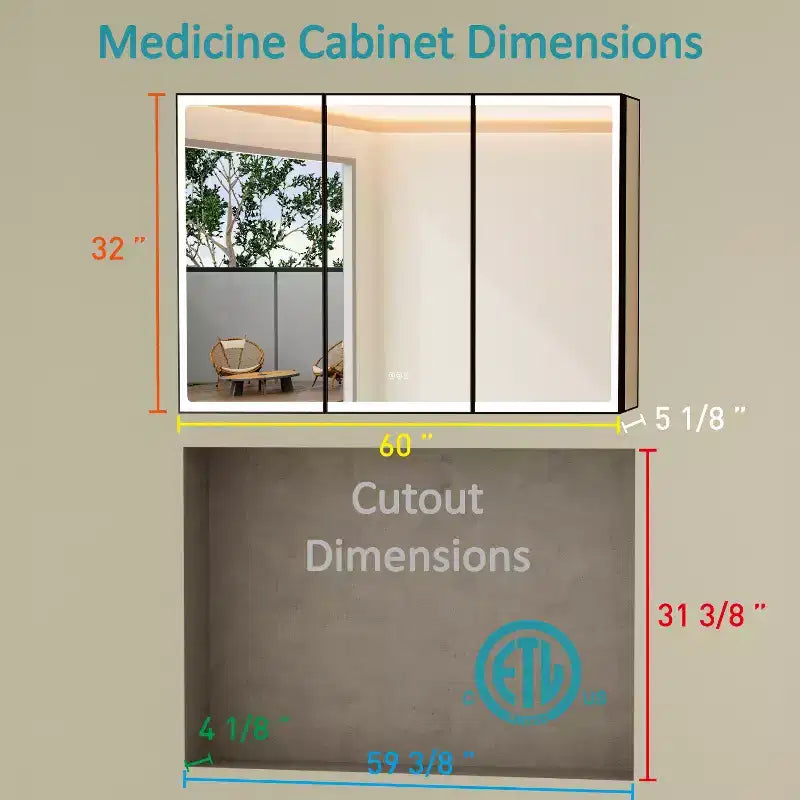 Grand Medicine Cabinet with Mirror and Light, Recessed/Mount Bathroom Medicine Cabinets, Defogger Mirror, Adjustable Shelves, Dimmable, Black