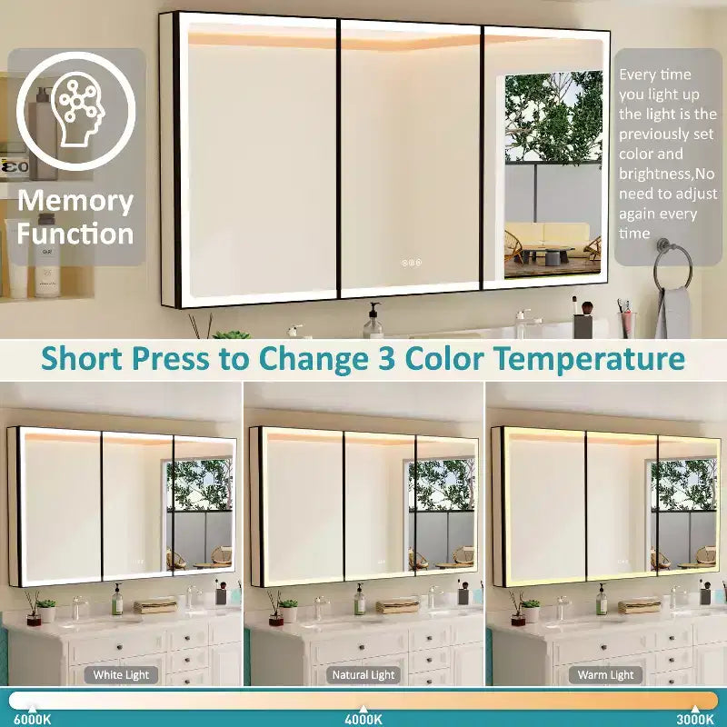 Grand Medicine Cabinet with Mirror and Light, Recessed/Mount Bathroom Medicine Cabinets, Defogger Mirror, Adjustable Shelves, Dimmable, Black
