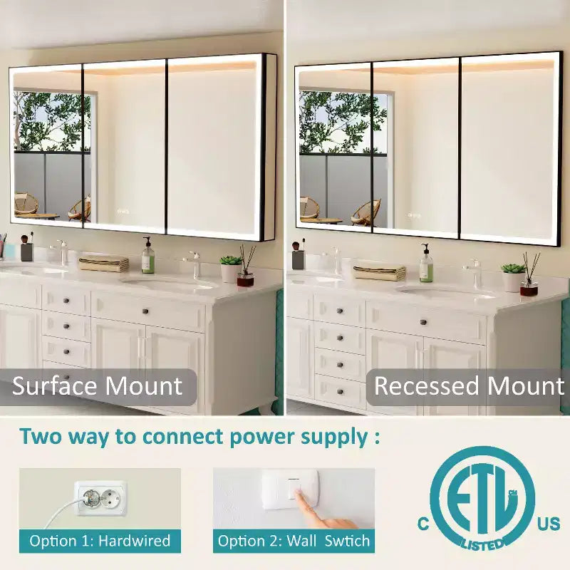 Grand Medicine Cabinet with Mirror and Light, Recessed/Mount Bathroom Medicine Cabinets, Defogger Mirror, Adjustable Shelves, Dimmable, Black