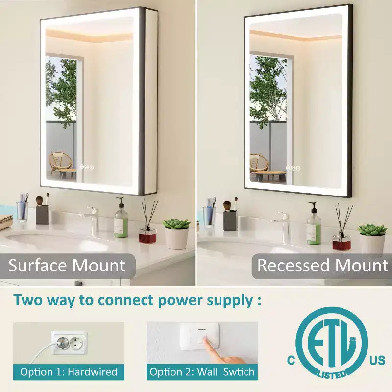 Grand Medicine Cabinet with Mirror and Light, Recessed/Mount Bathroom Medicine Cabinets, Defogger Mirror, Adjustable Shelves, Dimmable, Black