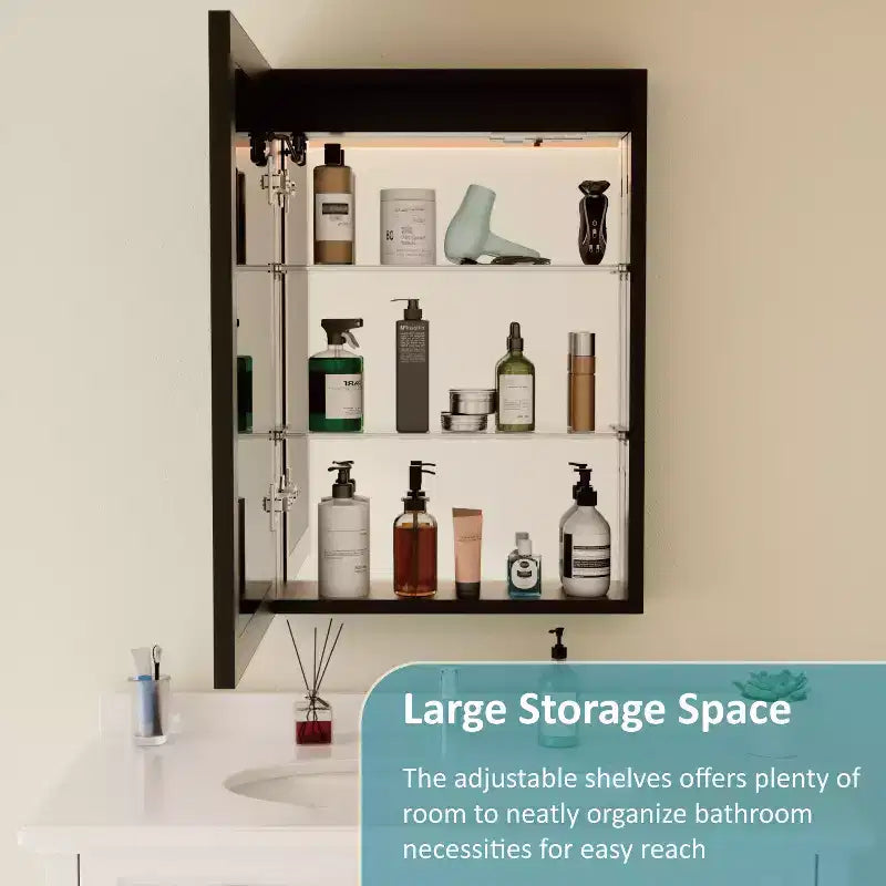 Grand Medicine Cabinet with Mirror and Light, Recessed/Mount Bathroom Medicine Cabinets, Defogger Mirror, Adjustable Shelves, Dimmable, Black