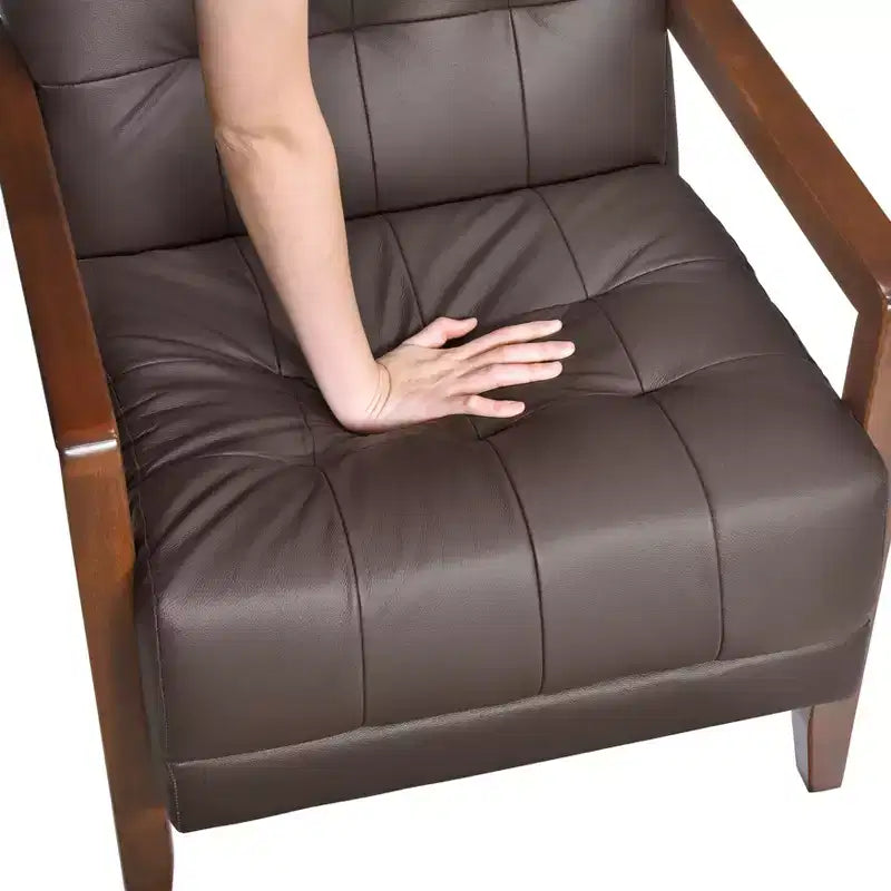 Okak Comfy Leather Accent Chair Contemporary Living Room Chair with Upholstered Tufted Cushion Walnut Finish Wood Armchair