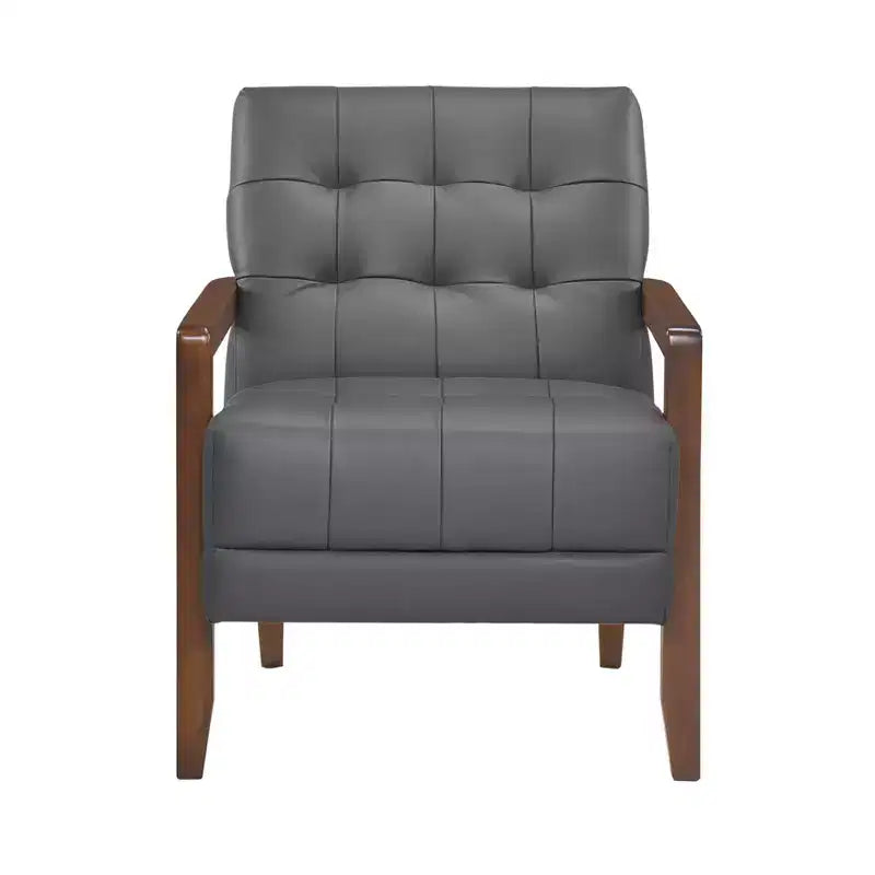 Okak Comfy Leather Accent Chair Contemporary Living Room Chair with Upholstered Tufted Cushion Walnut Finish Wood Armchair