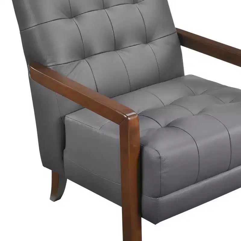Okak Comfy Leather Accent Chair Contemporary Living Room Chair with Upholstered Tufted Cushion Walnut Finish Wood Armchair
