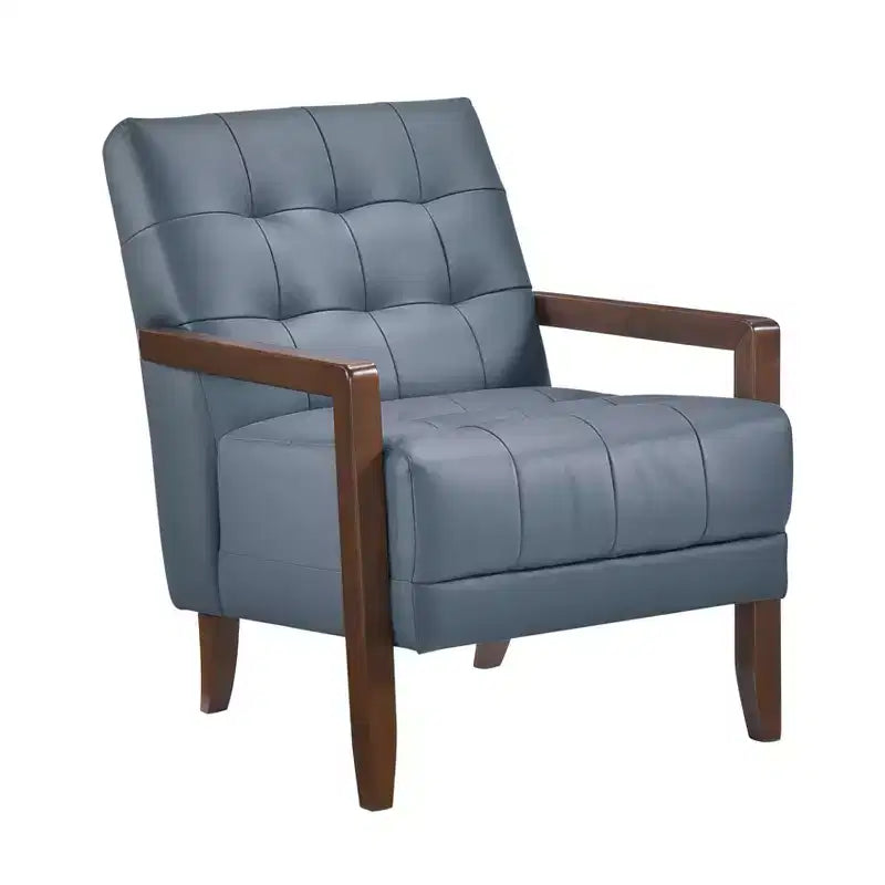Okak Comfy Leather Accent Chair Contemporary Living Room Chair with Upholstered Tufted Cushion Walnut Finish Wood Armchair