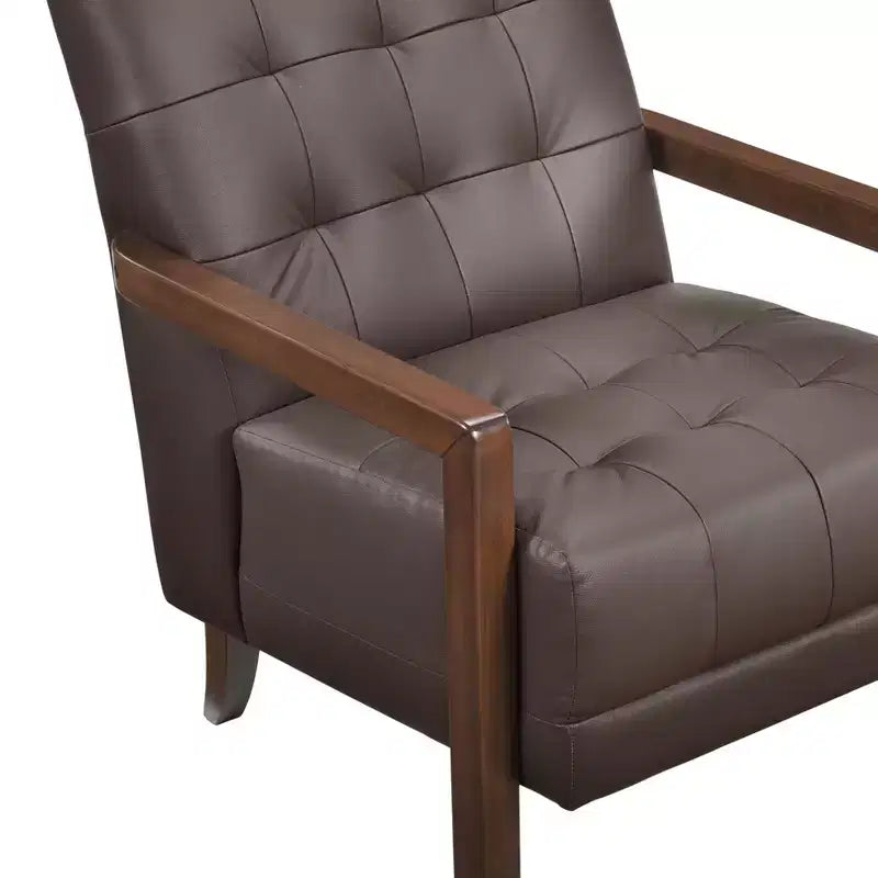 Okak Comfy Leather Accent Chair Contemporary Living Room Chair with Upholstered Tufted Cushion Walnut Finish Wood Armchair