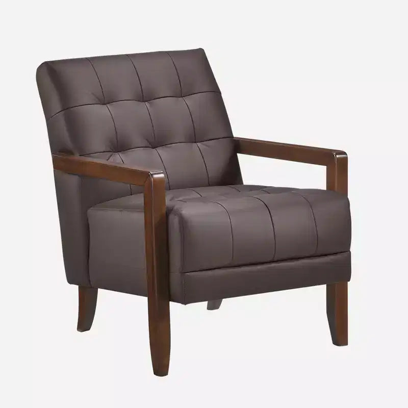 Okak Comfy Leather Accent Chair Contemporary Living Room Chair with Upholstered Tufted Cushion Walnut Finish Wood Armchair