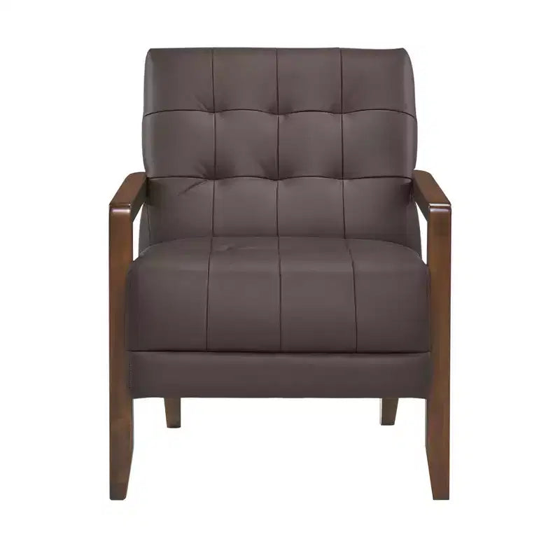 Okak Comfy Leather Accent Chair Contemporary Living Room Chair with Upholstered Tufted Cushion Walnut Finish Wood Armchair